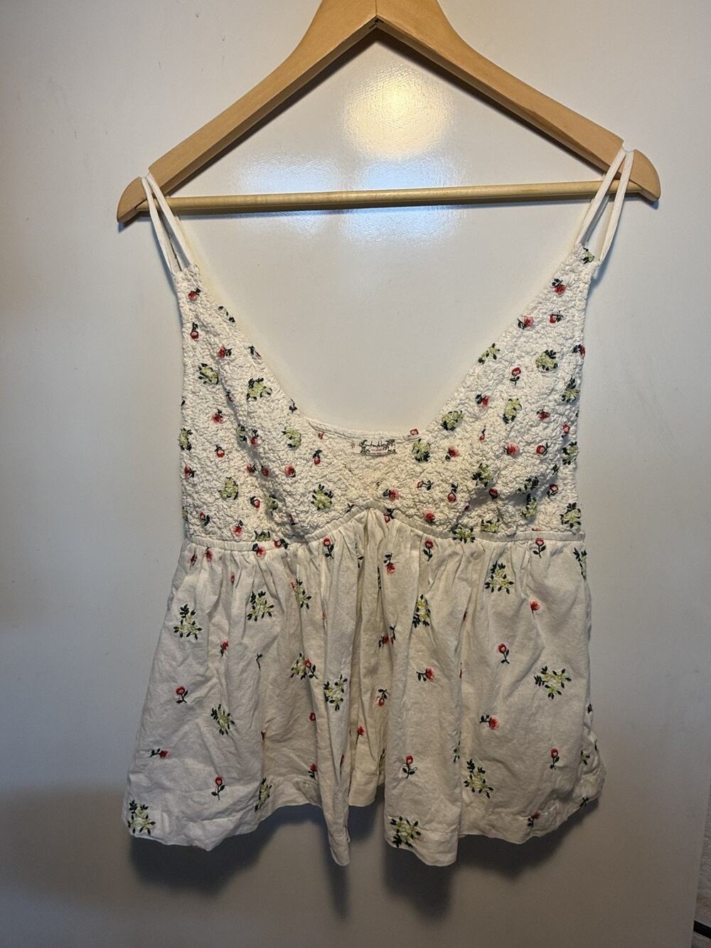 Intimately Free People Womens L Floral Embroidered Smocked Babydoll Tank Top